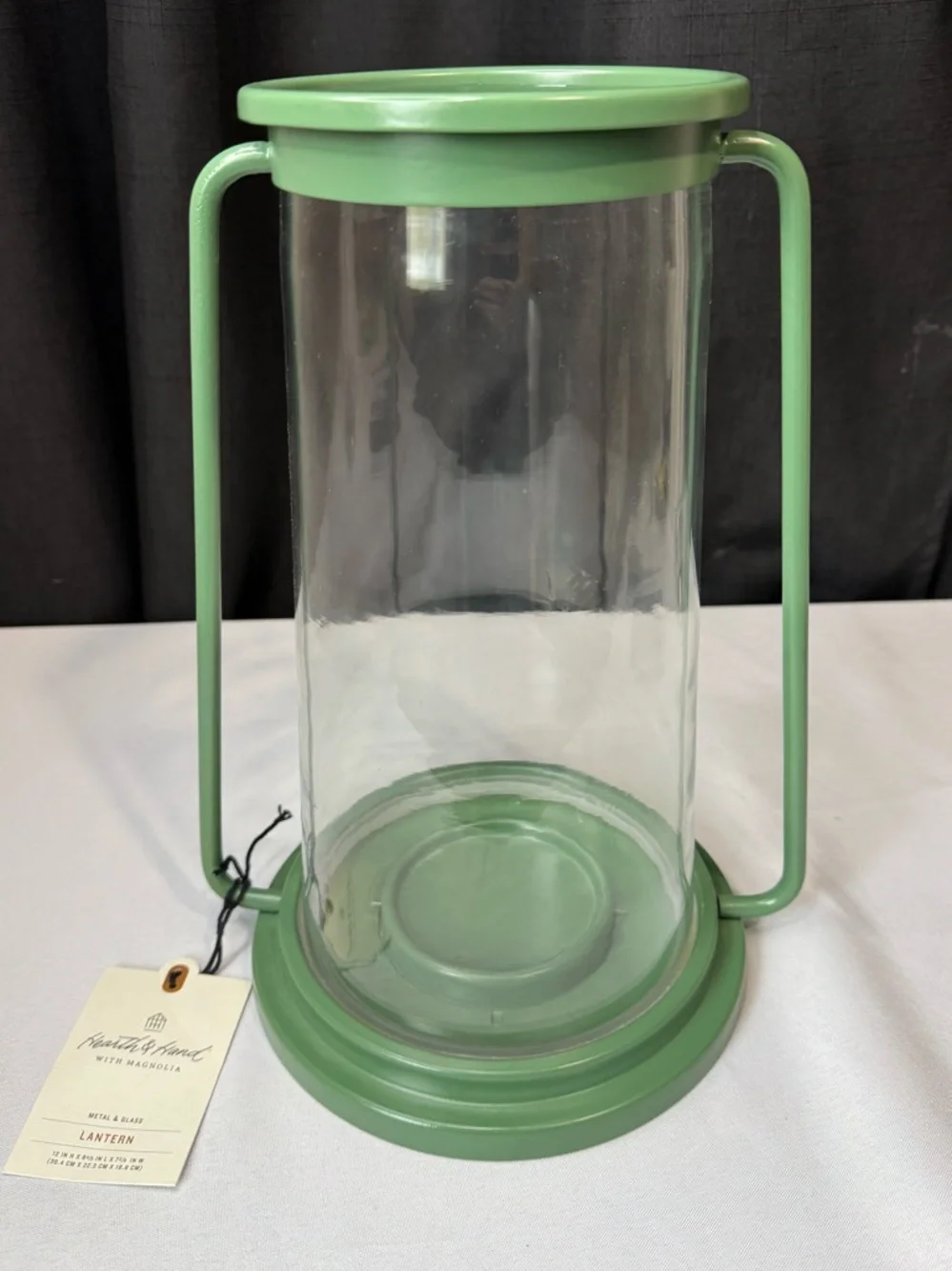 Hearth & Hand Pillar Glass & Green Metal Hurricane Candle Lantern -NWT